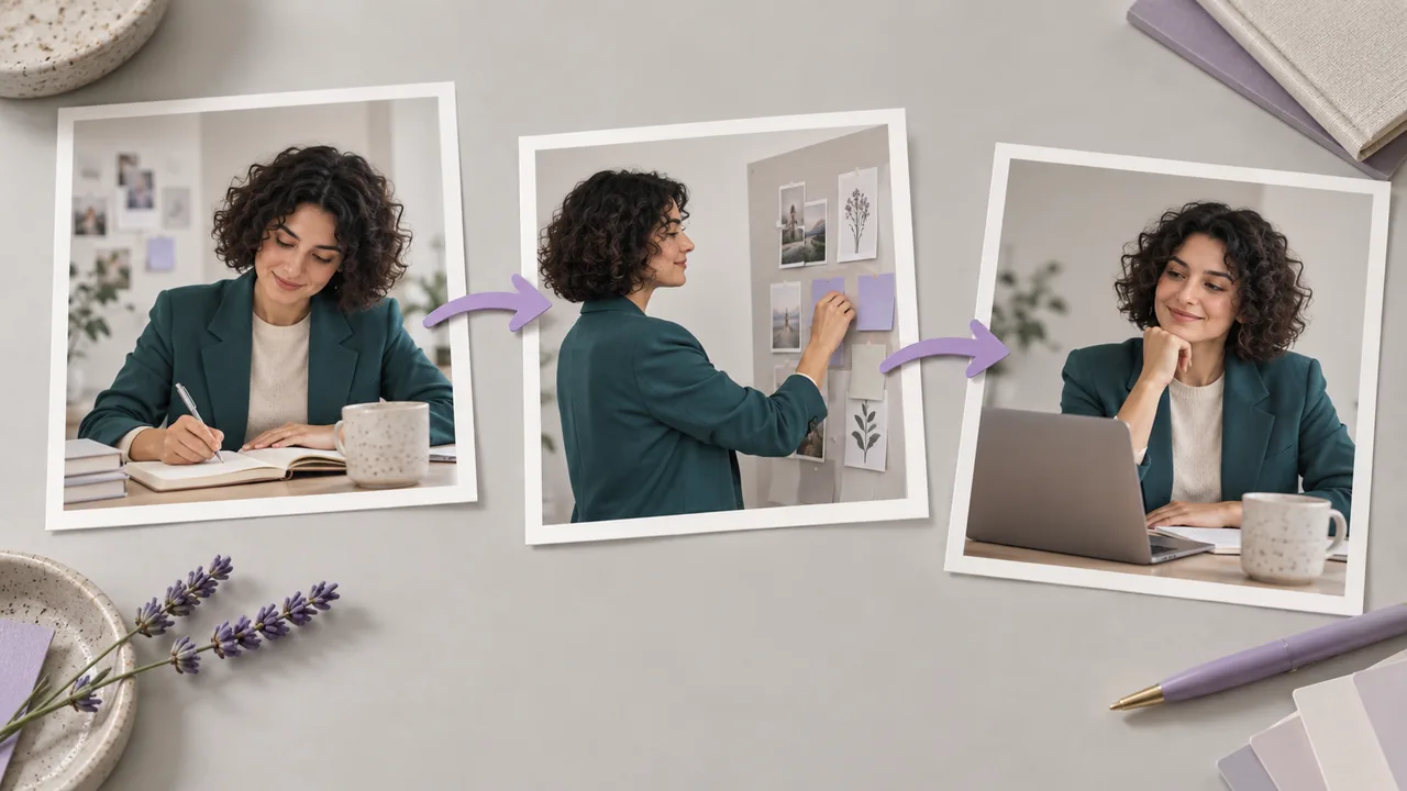 Concept illustration: A neatly arranged connected group of three prints depicting a fictional adult woman presenter with a dark curly bob and teal jacket from different useful framings