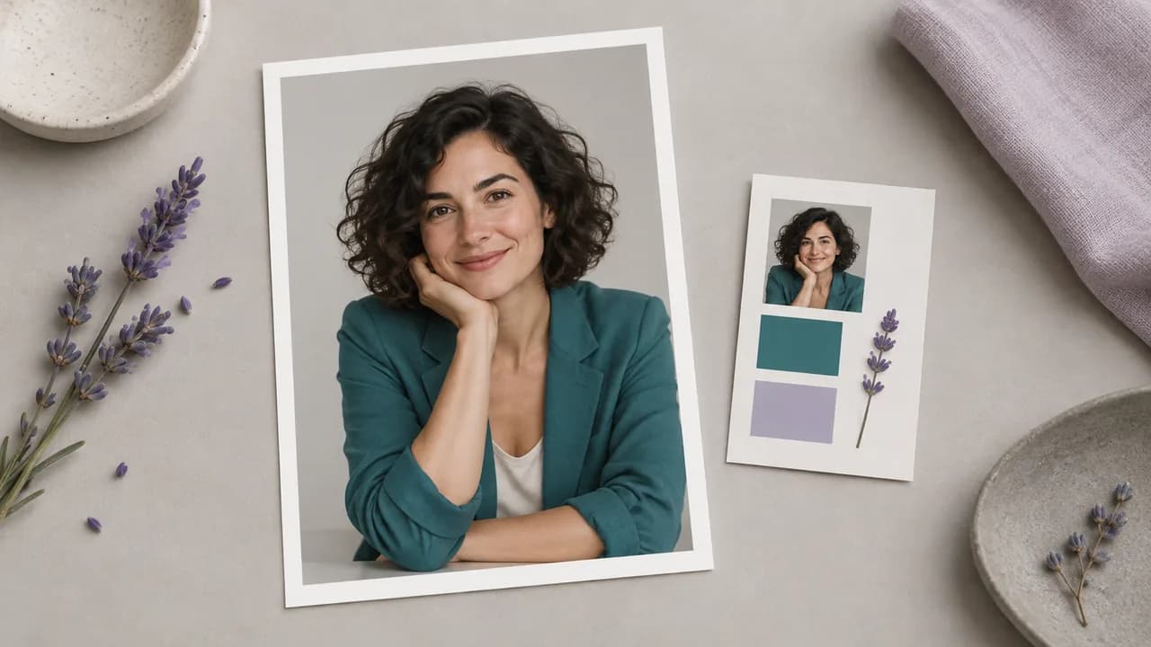 Concept illustration: source print of a fictional adult woman presenter with a dark curly bob and teal jacket, with a small matching reference card beside it