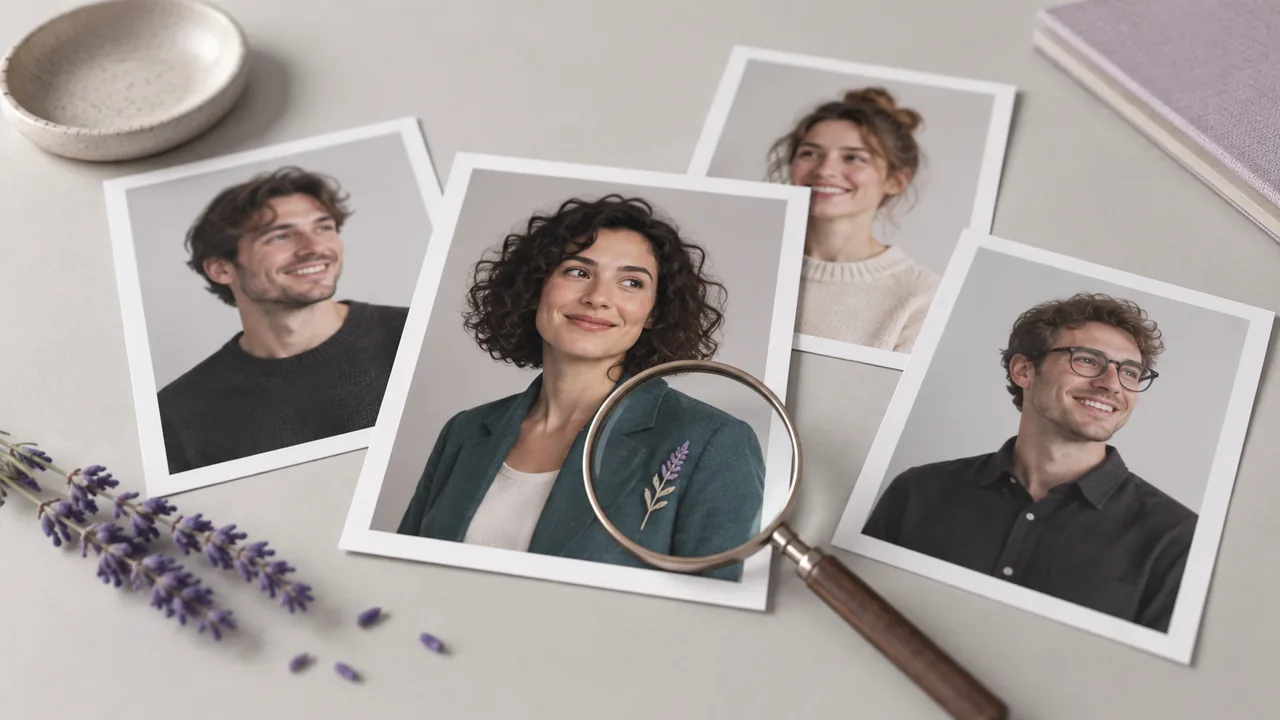 Concept illustration: chosen print of a fictional adult woman presenter with a dark curly bob and teal jacket with a magnifying glass over a small detail, review and selection concept