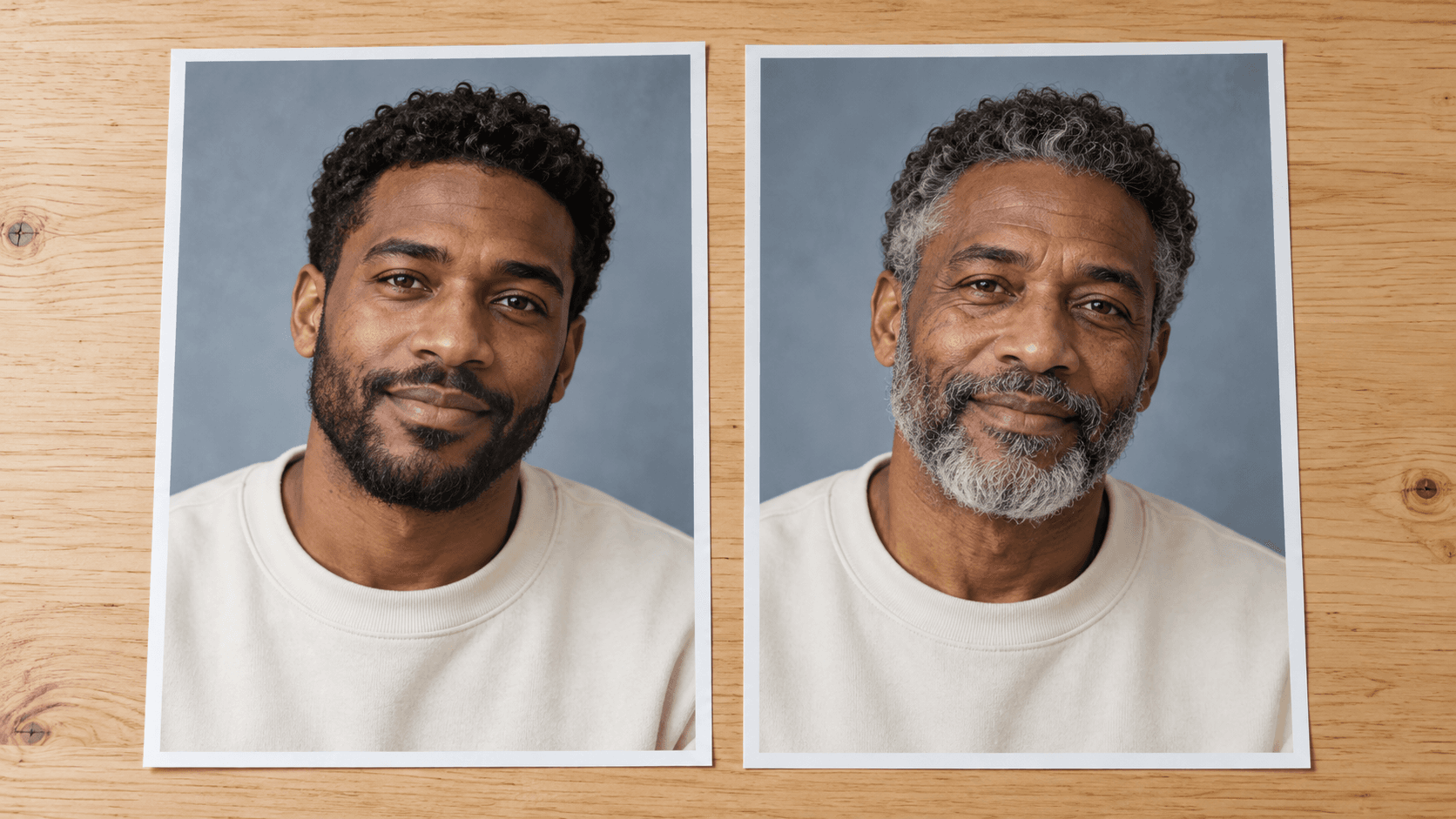 Two adult portrait prints placed side by side for visual comparison