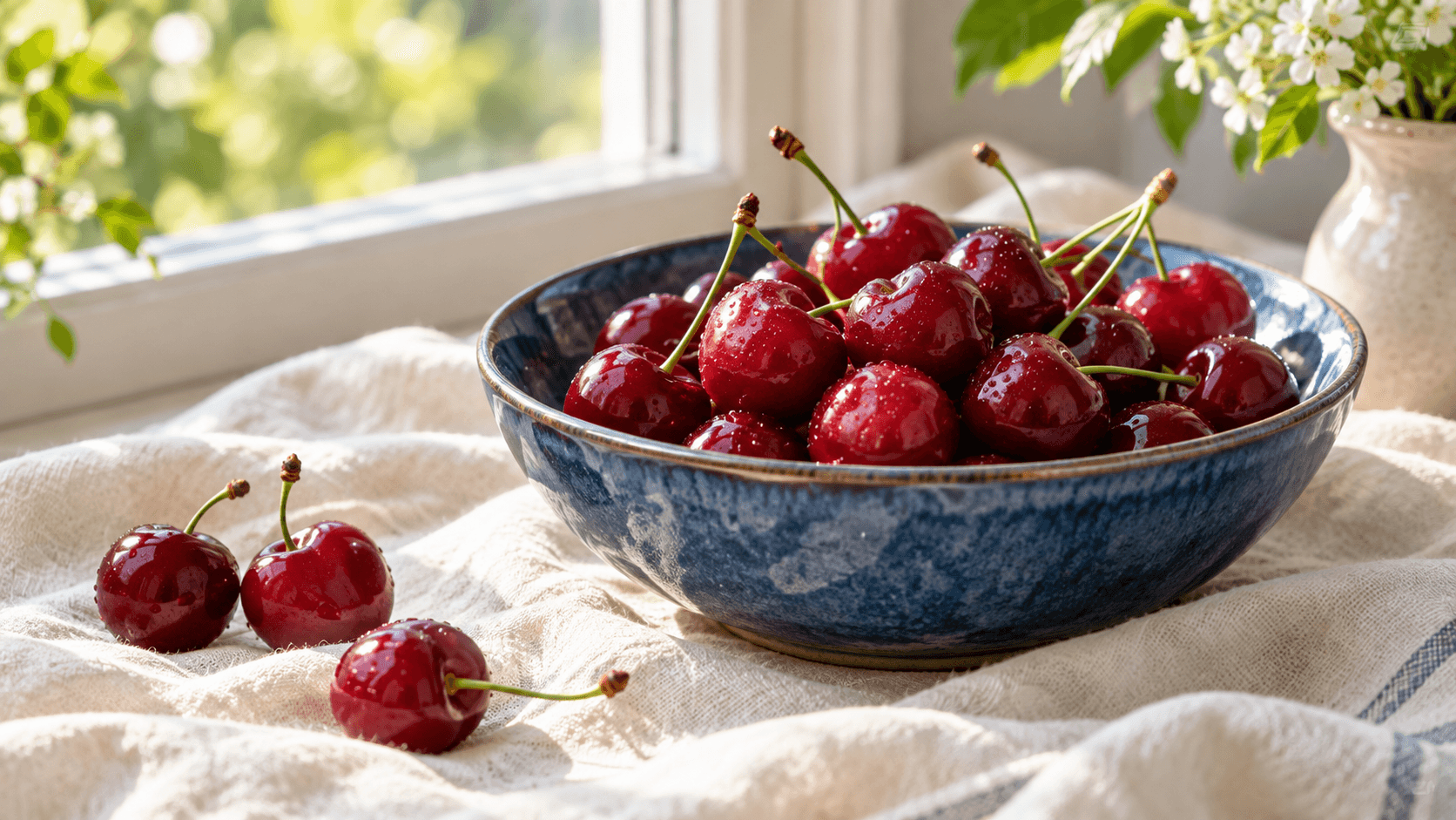 Food still-life blend concept combining a bowl and cherries