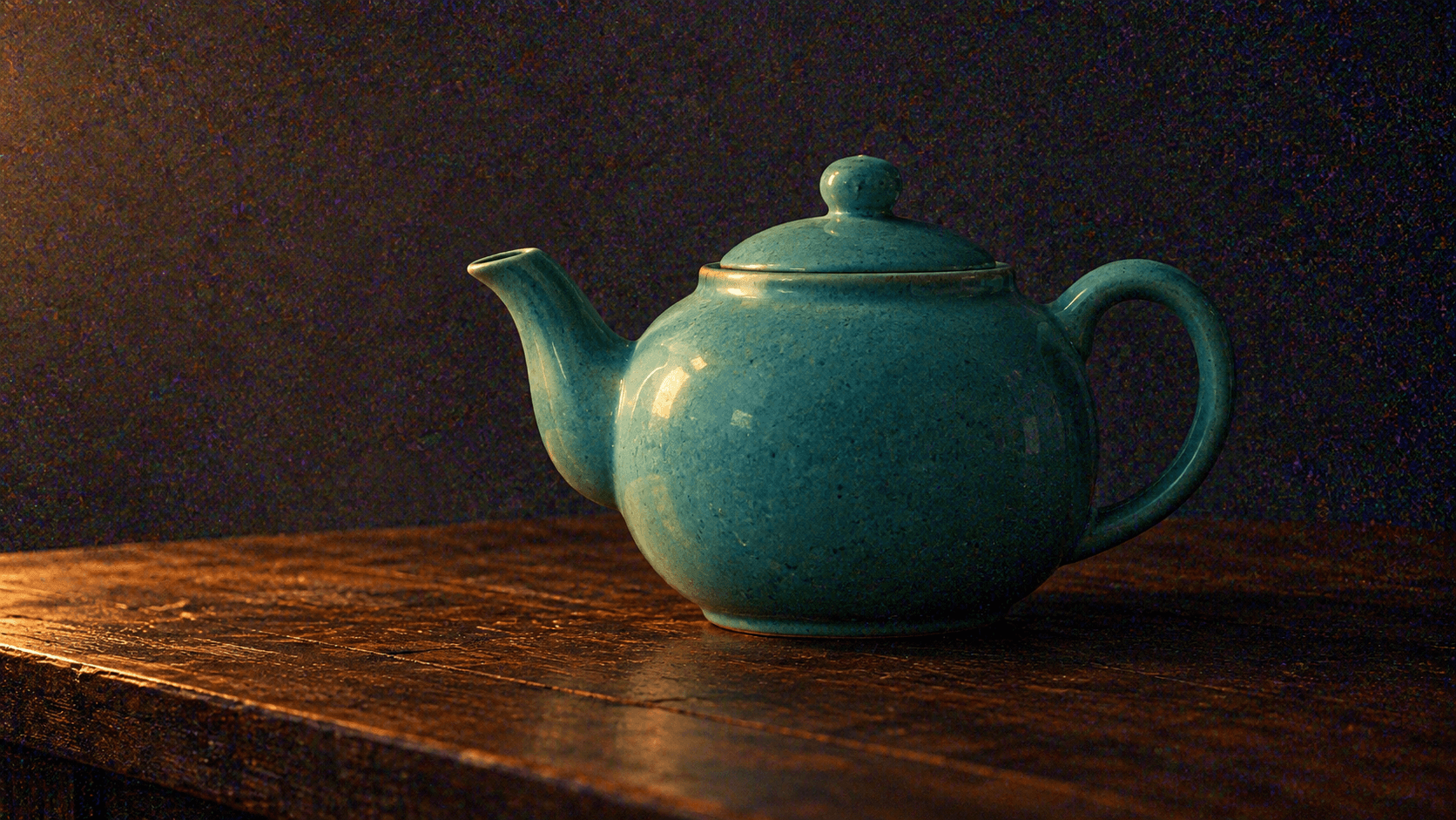 Noisy teapot still-life concept illustrating coarse grain and shadow speckles