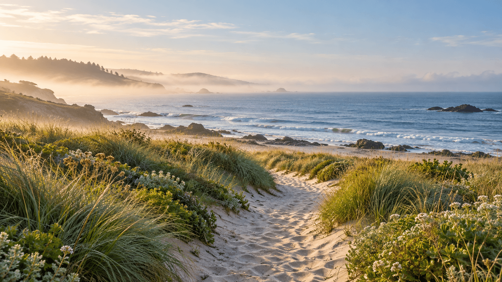 Landscape recreation concept with a winding path and soft morning light
