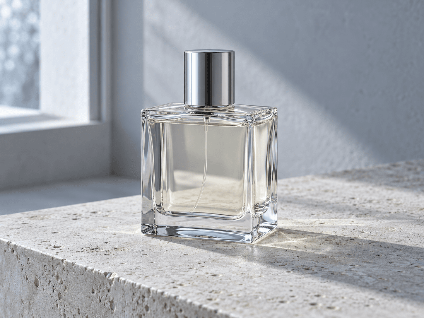 Clear perfume bottle on pale limestone under cool diffuse window light