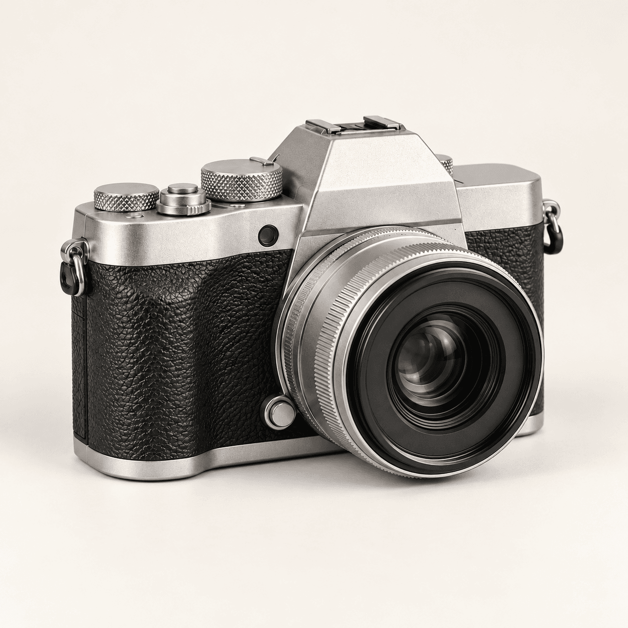 Silver camera variation on a light cream studio background