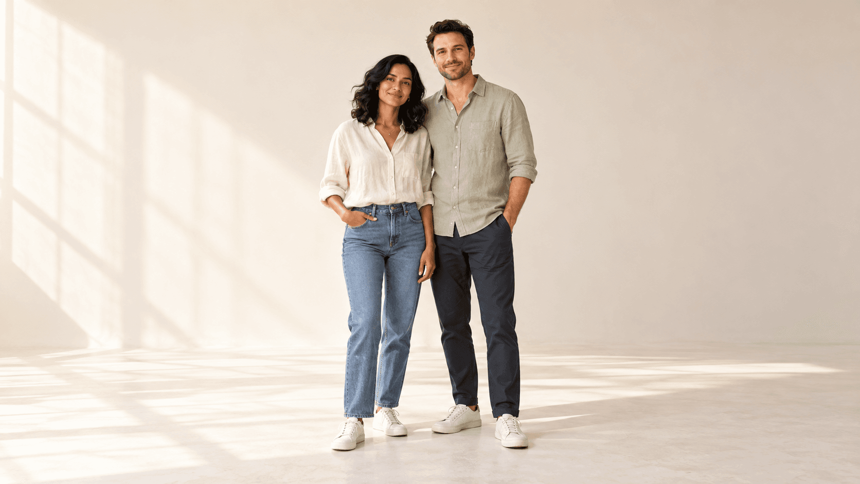 Fictional adult couple in a softly lit studio reference portrait