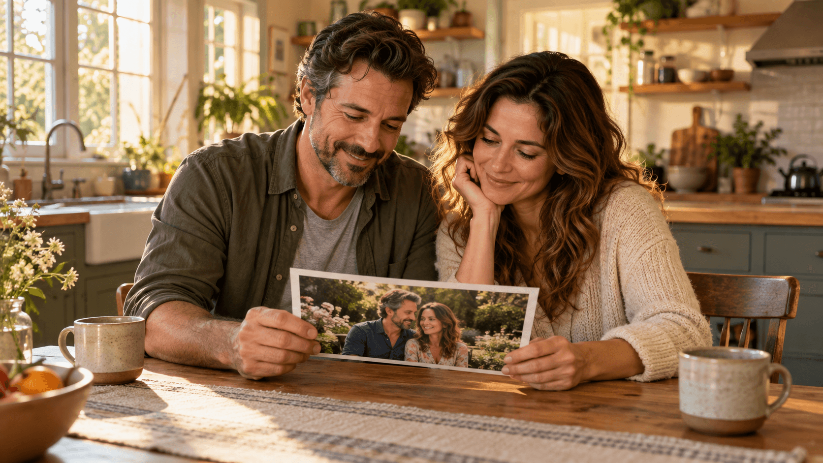 Adult couple discussing one printed portrait direction at a table