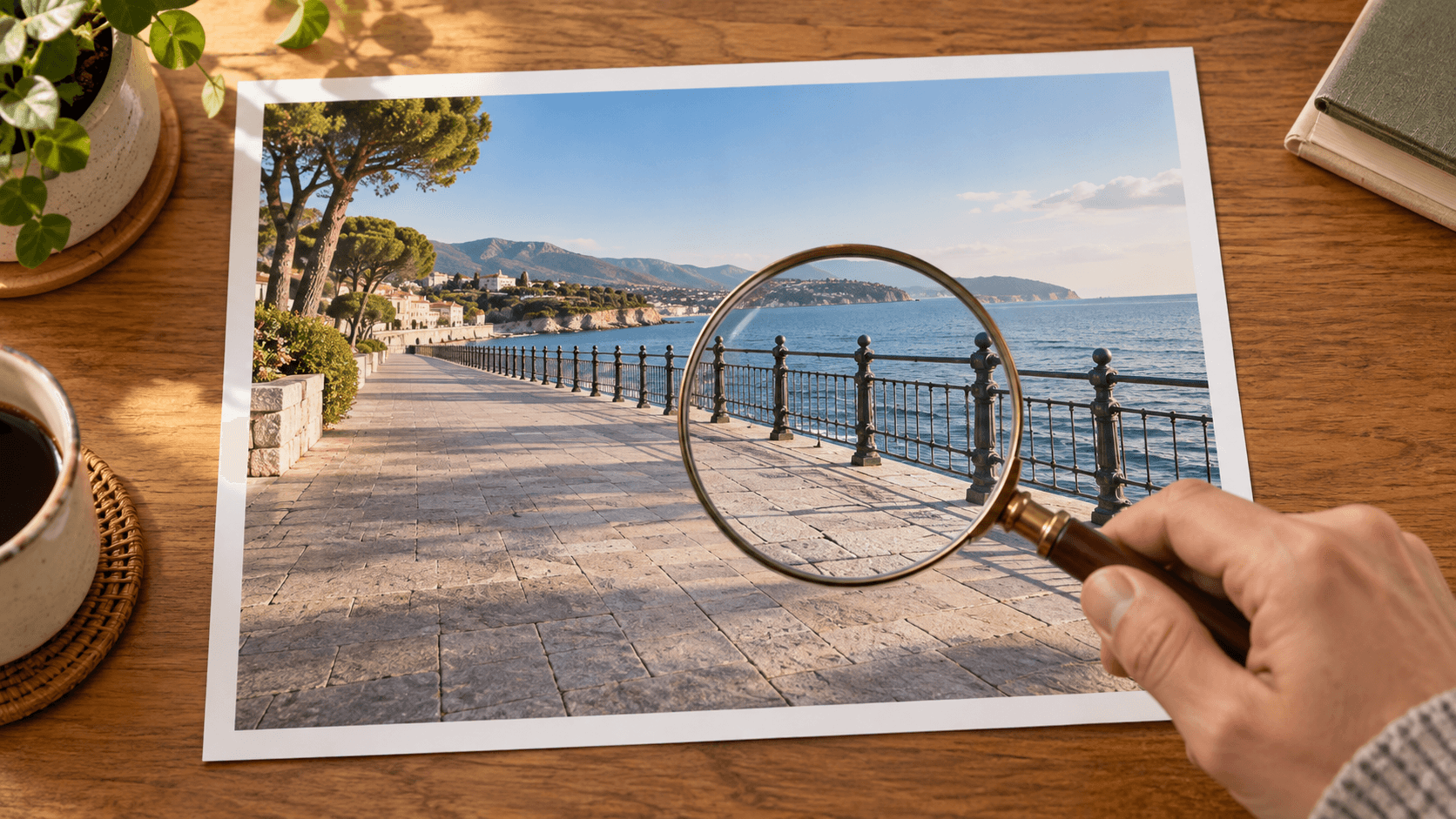 Inspecting paving and railing details in a cleaned travel photograph