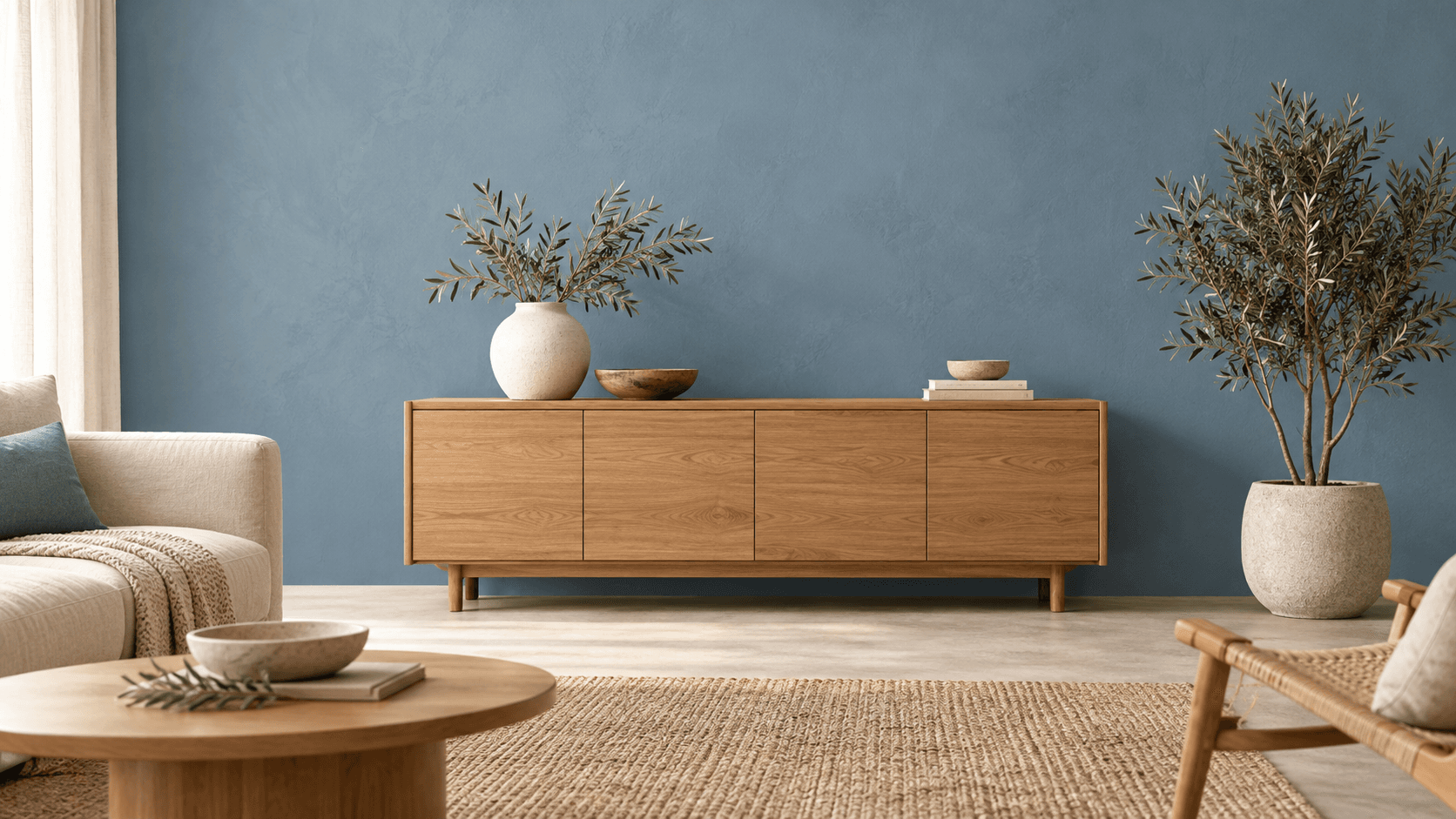 Room palette concept with a dusty blue accent wall