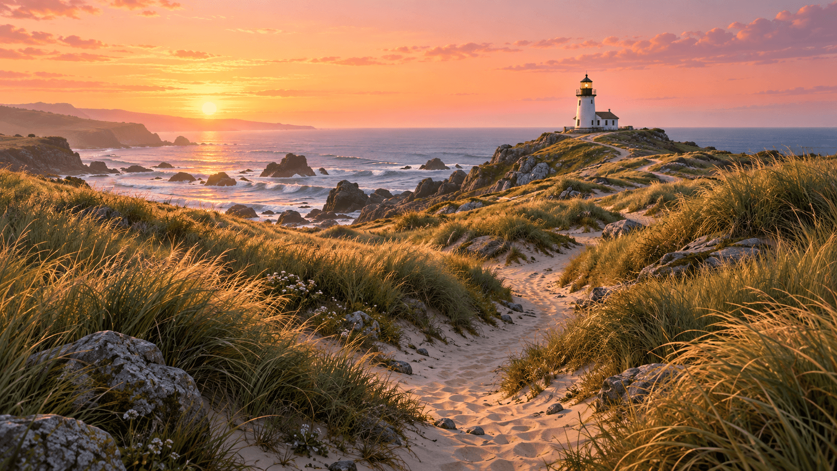Coastal scene concept with a path leading to a lighthouse