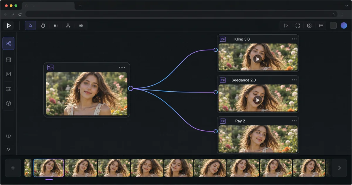 A still photograph being animated into a moving video clip on the Astorie canvas, with the same source image fanned out across Kling, Seedance, and Ray 2 video nodes