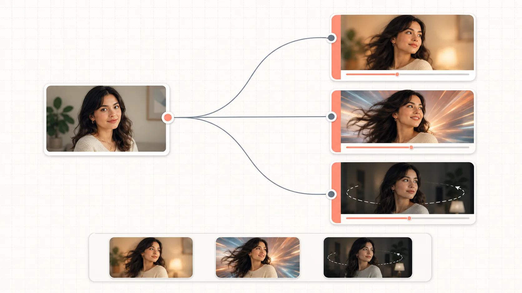 One source image node on the Astorie canvas wired out to three video nodes labelled for Kling, Seedance, and Ray 2, each producing a separate animated take collected in a version tray below