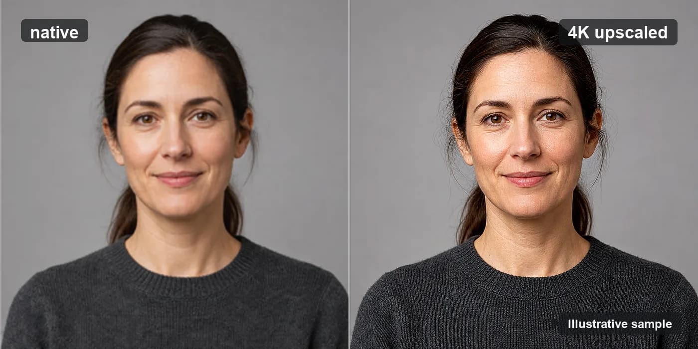 Illustrative sample: a consistent AI character hero frame before and after a 4K upscale pass
