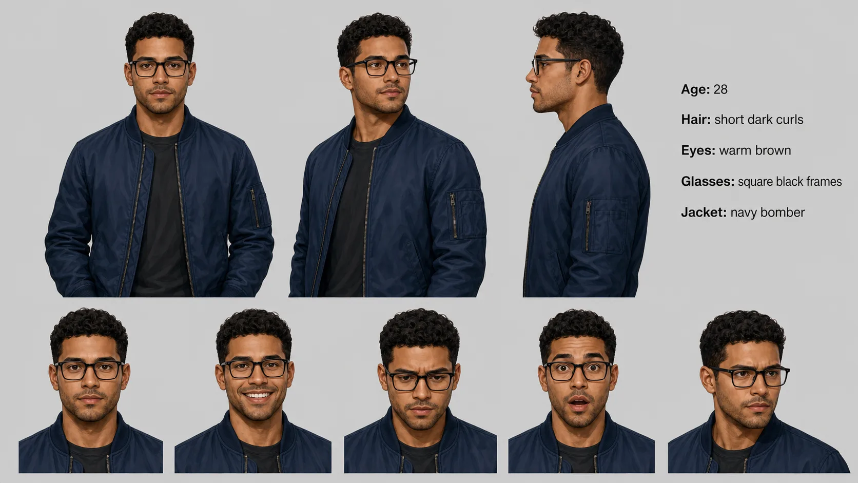 Character bible reference sheet: one locked face shown as a front portrait, three-quarter turn, profile, and expression set used as the canonical identity anchor.