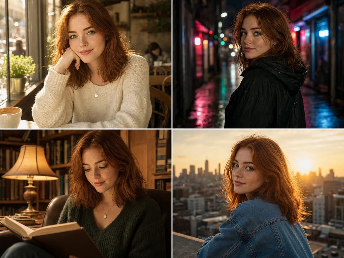 The same anchored character held across four different scenes and camera angles — identical face, hair, and signature items while location, action, and lighting change.