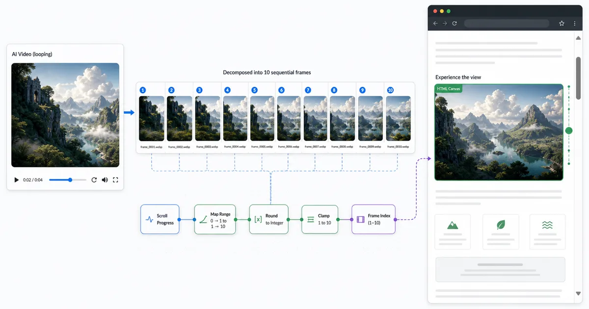 A WebP frame sequence extracted from an AI video, laid out across the Astorie canvas and wired into a GSAP ScrollTrigger canvas scroll-scrub