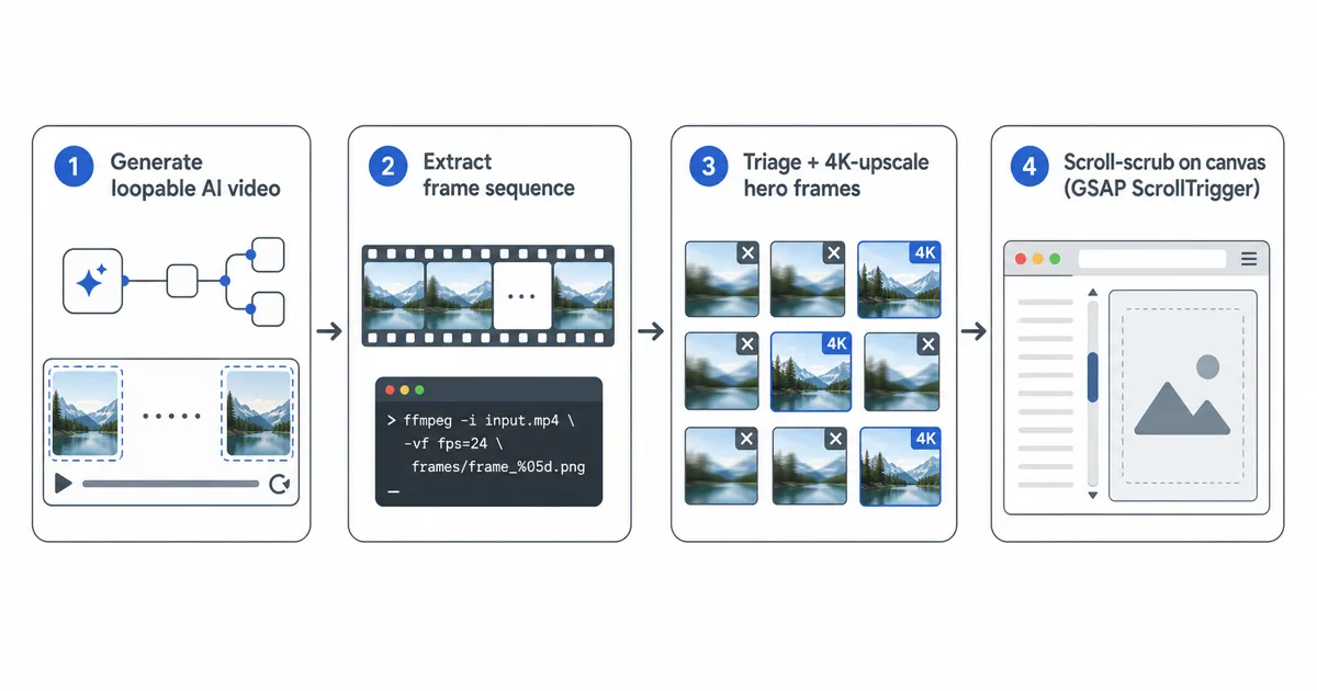 Pipeline diagram: generate loopable AI video, extract frame sequence, triage and upscale hero frames, scroll-scrub on a canvas with GSAP ScrollTrigger