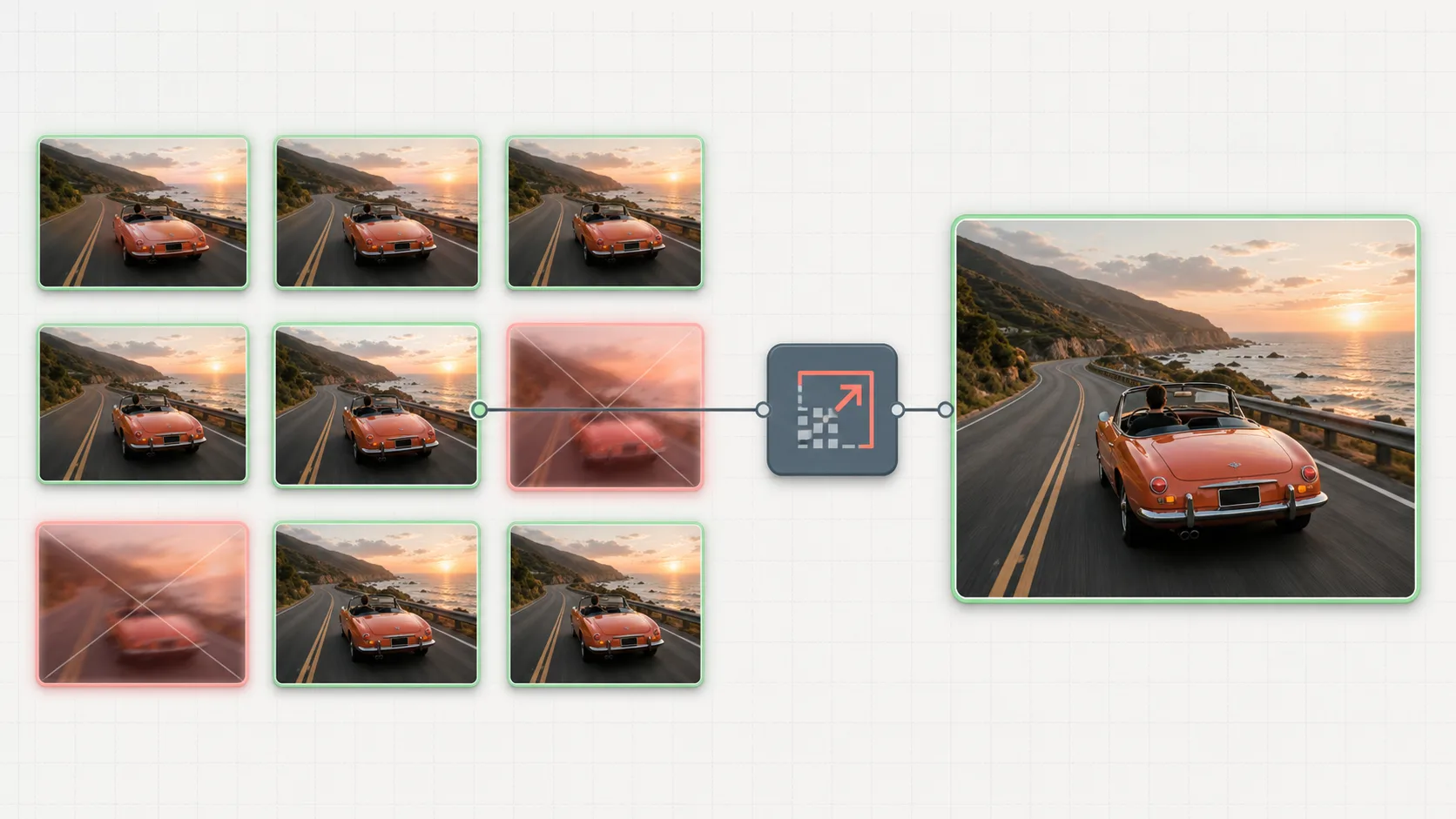 Extracted frames laid out on the Astorie canvas during triage: crisp frames marked to keep, motion-blurred frames marked to discard, and one sharp hero frame wired into an upscaler tool node