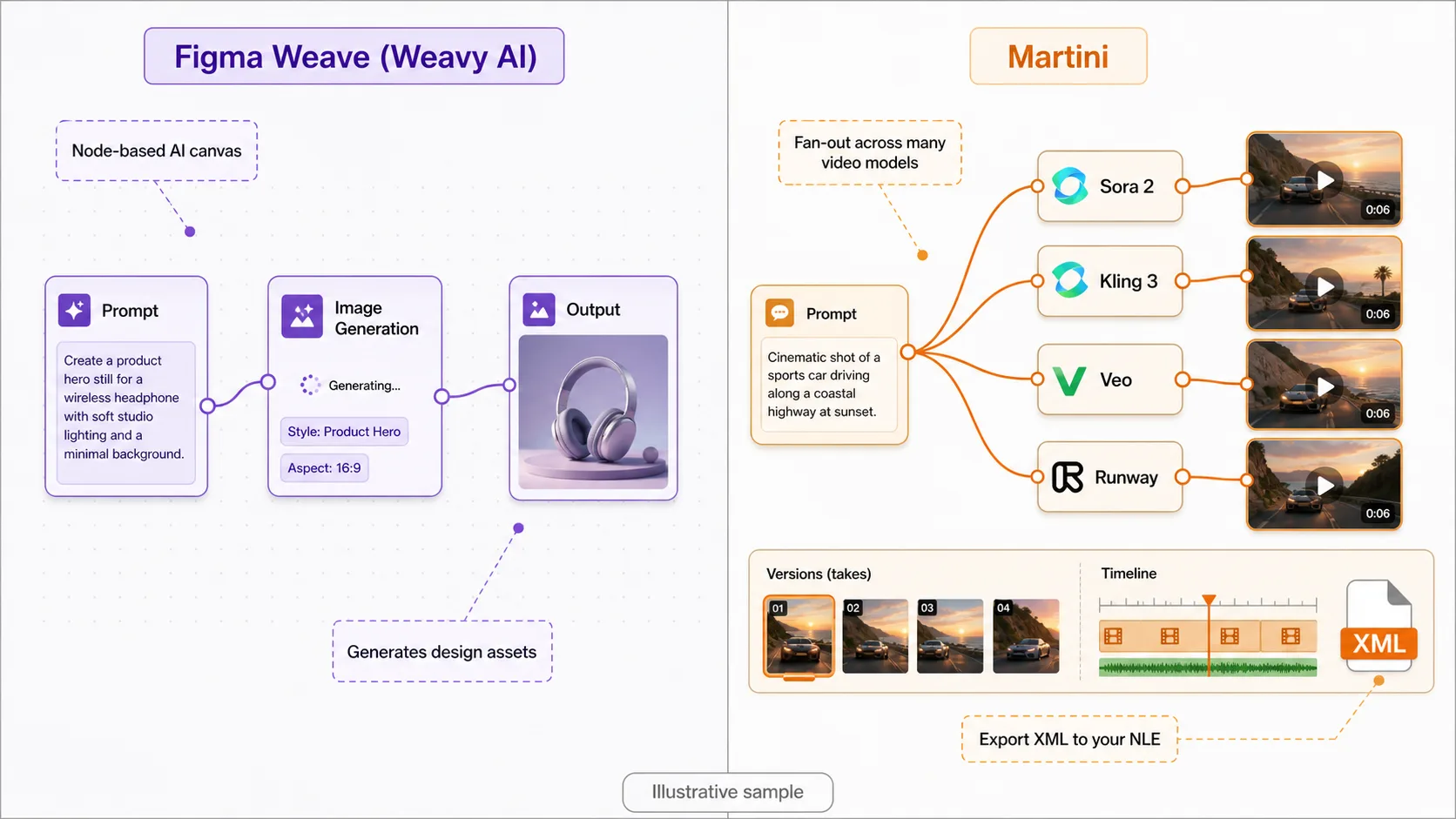 Annotated side-by-side of Figma Weave's node-based AI canvas and Astorie's production node canvas