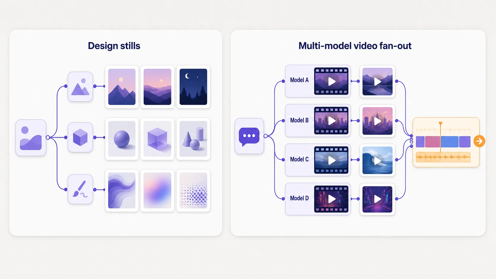 Side-by-side mock of Figma Weave generating still design assets versus Astorie fanning one prompt across Sora 2, Veo 3.1, Kling 3, and Runway Gen-4 video nodes with an NLE export step