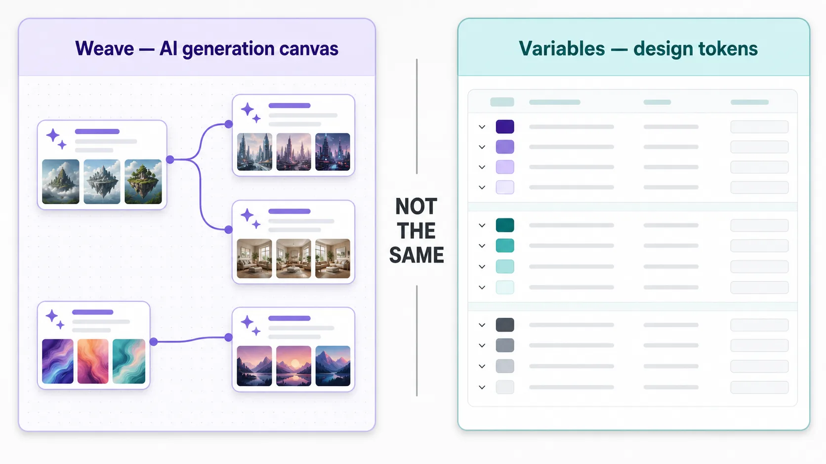 Disambiguation diagram contrasting Figma Weave's AI generation node canvas with Figma Variables' design-token panel, clarifying they are two different features