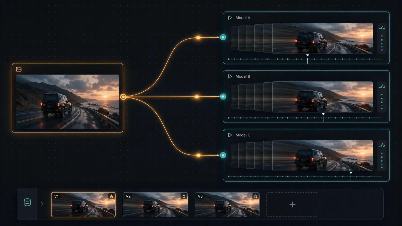 Illustrative animation of one source image fanned across three image-to-video nodes — Seedance 2, Kling 3, and Veo — running simultaneously on the Astorie canvas with takes collected in a version tray