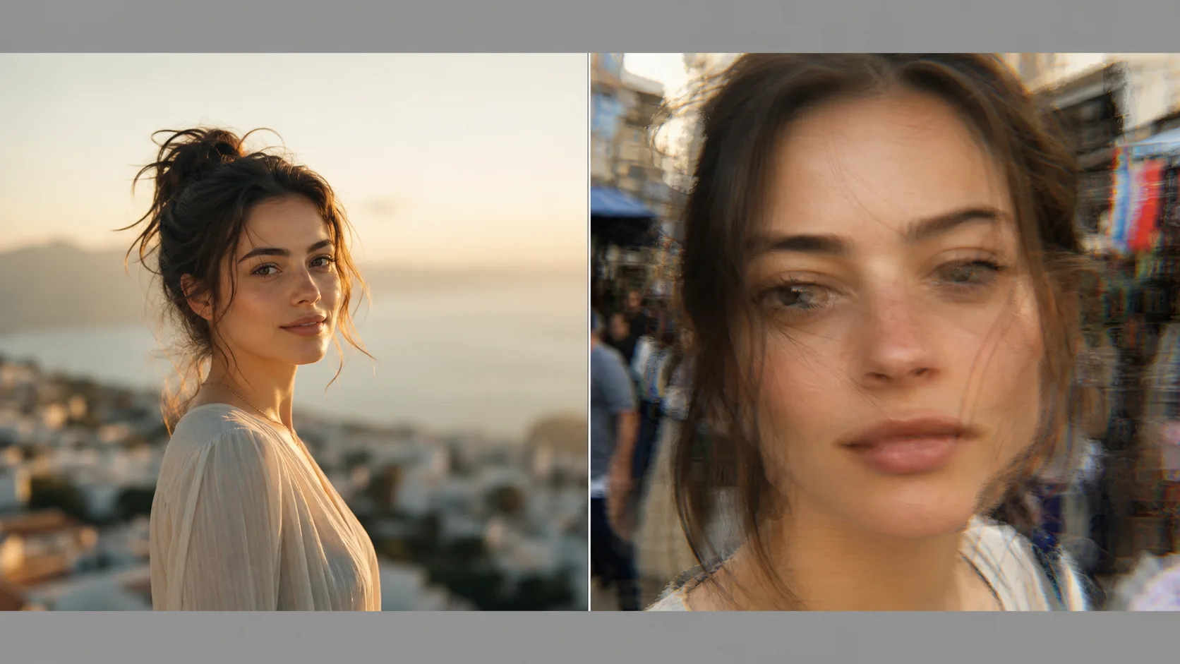 Illustrative side-by-side comparison: a clean, well-composed source frame that animates smoothly versus a busy, tightly-cropped frame that smears and drifts under camera motion