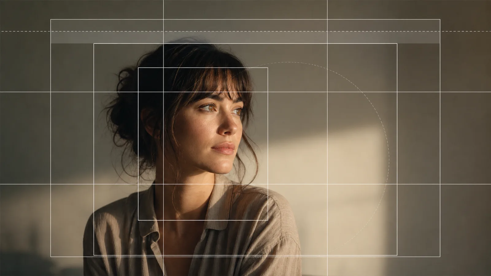 Illustrative diagram of a source still with headroom and lead-room guides, marked safe aspect-ratio crop (16:9, 9:16, 1:1) and a three-quarter subject angle leaving room for the camera to push in