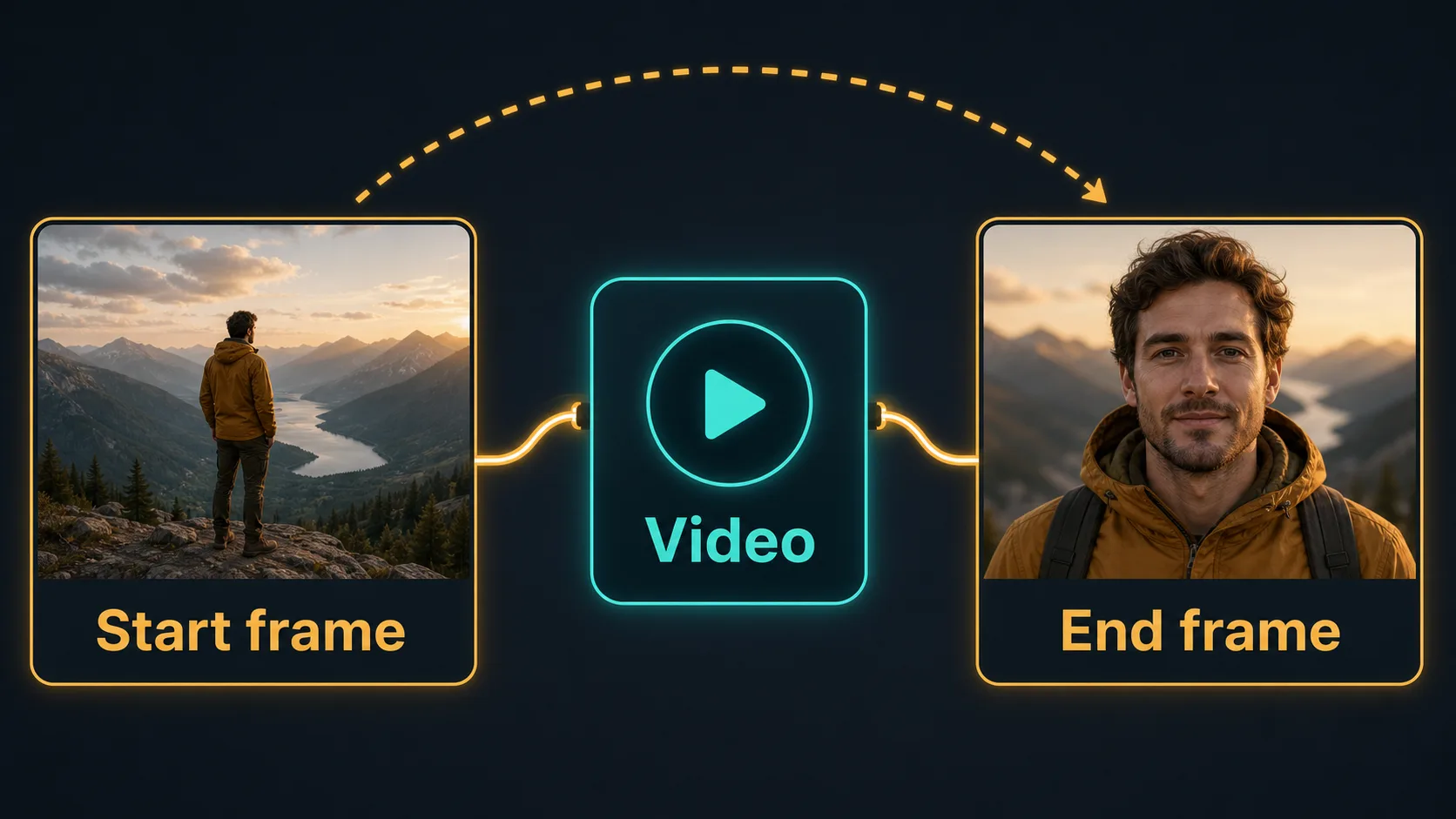 Illustrative diagram of a start frame and end frame feeding one image-to-video node, with the interpolated camera move shown between them
