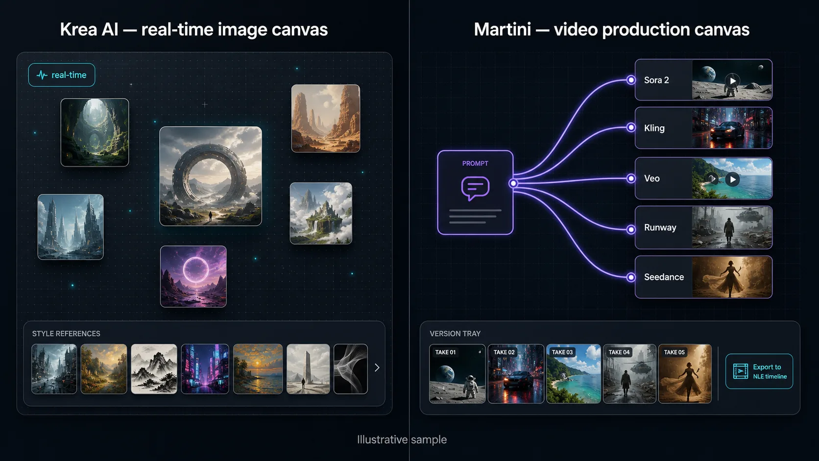 Side-by-side comparison of Krea AI real-time image infinite canvas and Astorie video-production infinite canvas, with the Astorie fan-out wiring one prompt into multiple video models