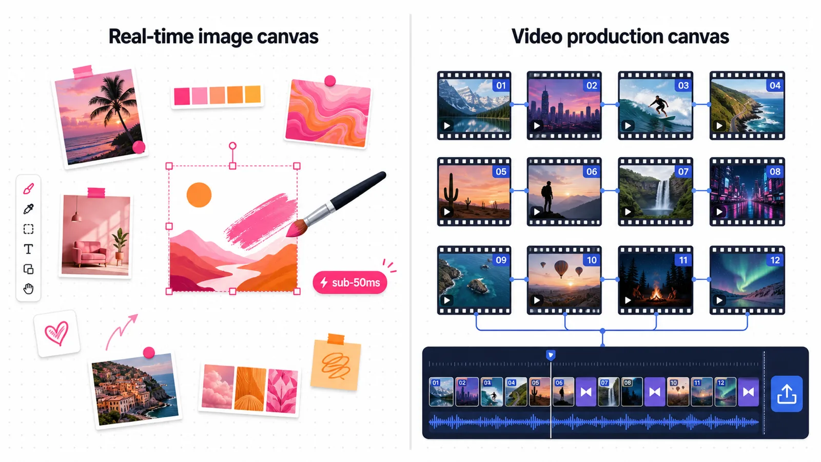 Infinite-canvas comparison contrasting Krea AI sub-50ms real-time image strokes and moodboards with Astorie multi-shot video production tiles and a timeline export panel