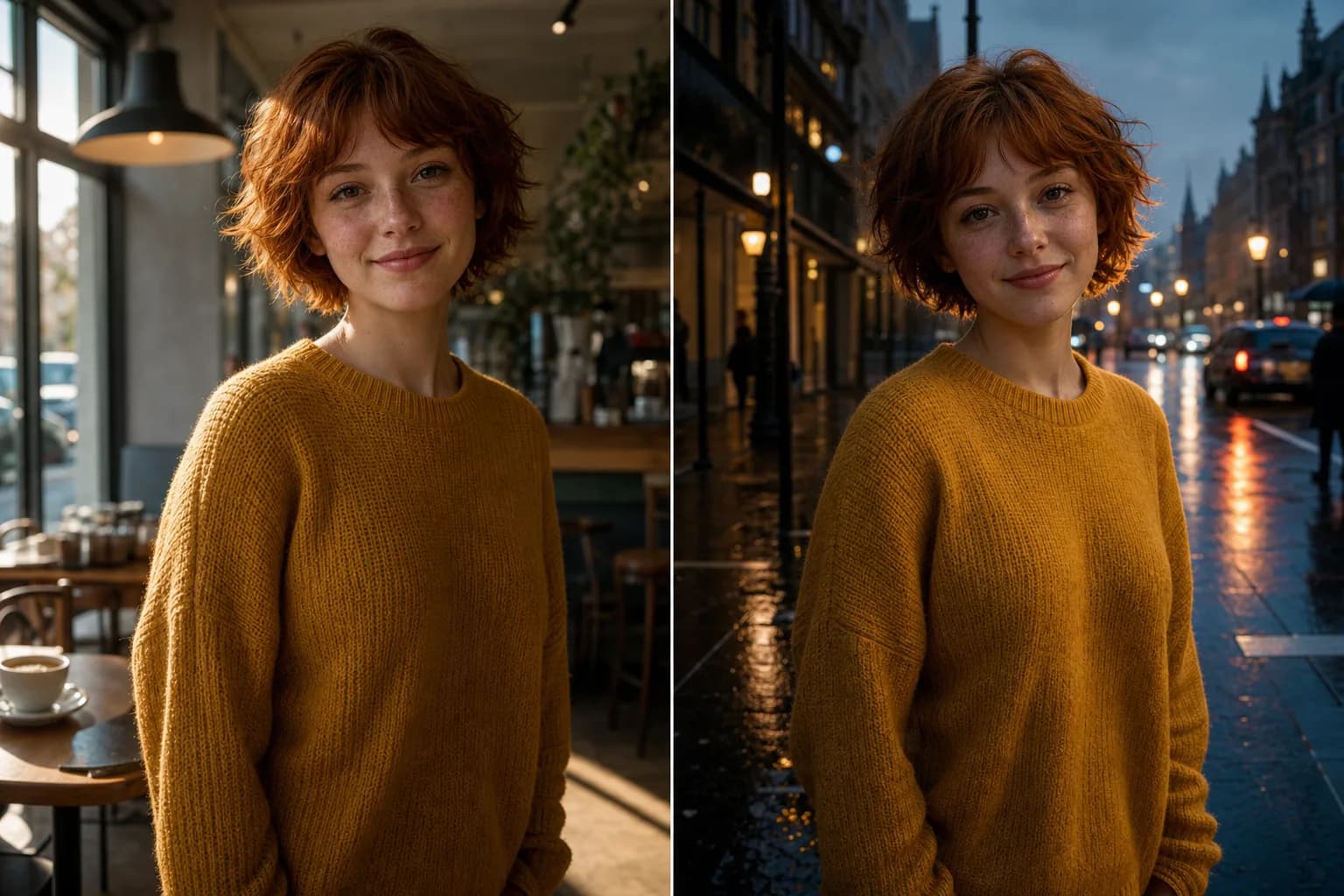 Illustrative sample of FLUX Kontext reference-based consistency on the Astorie canvas — the same character rendered in two different scenes with matching face and outfit