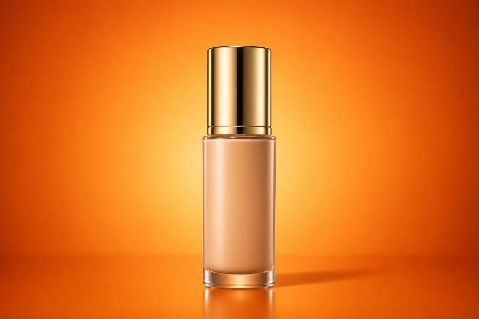 Illustrative sample: a product centered on a saturated brand-color backdrop with soft front-key plus rim light and a clean contact shadow, 1:1 framing