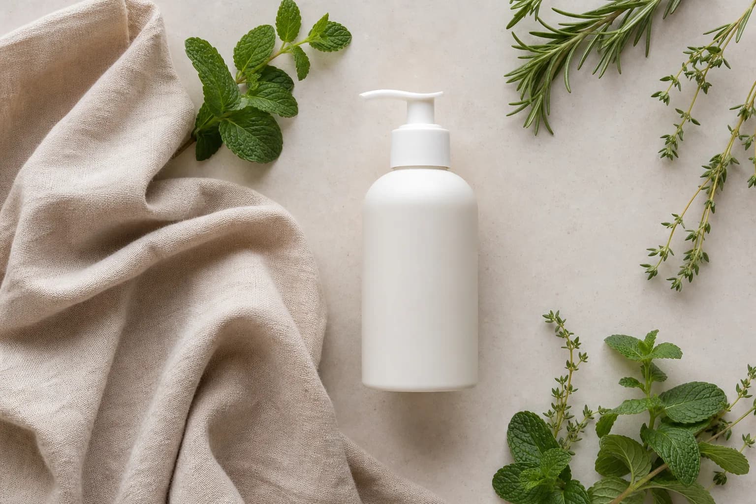 Illustrative sample: an overhead flat-lay of a product surrounded by linen and fresh herbs in soft northern daylight with balanced negative space, 1:1 framing