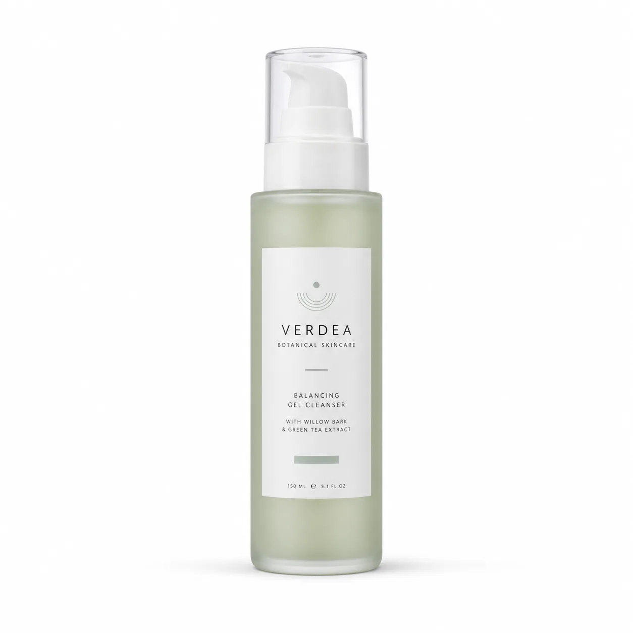 Illustrative sample: a skincare bottle on infinite white seamless with soft front-key light and a crisp legible label, 1:1 framing