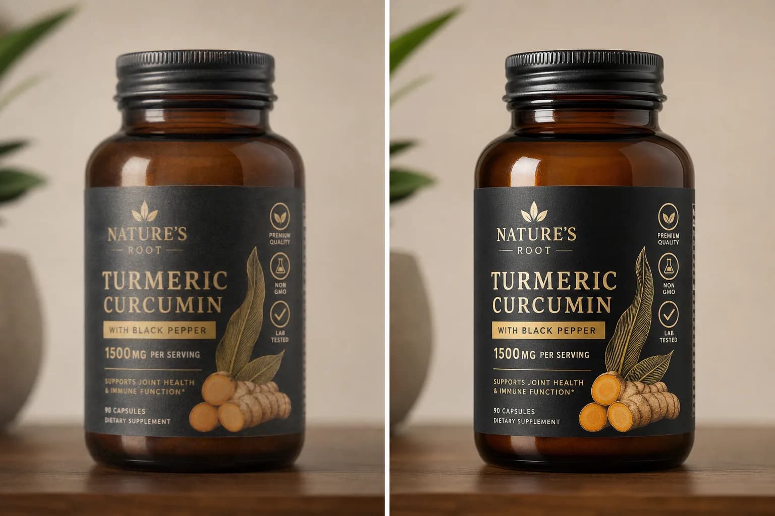 Illustrative sample: a before-and-after of a product label, with the cleanup pass sharpening typography and clarifying edge detail while keeping composition unchanged
