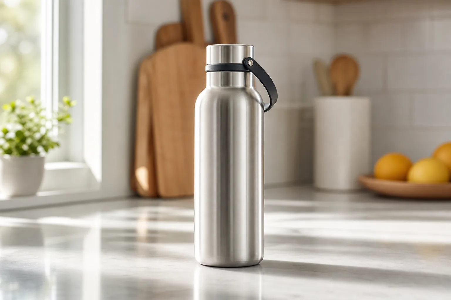 Illustrative sample: a product placed on a sunlit morning kitchen counter with soft daylight from the left and gentle background bokeh, 4:5 framing