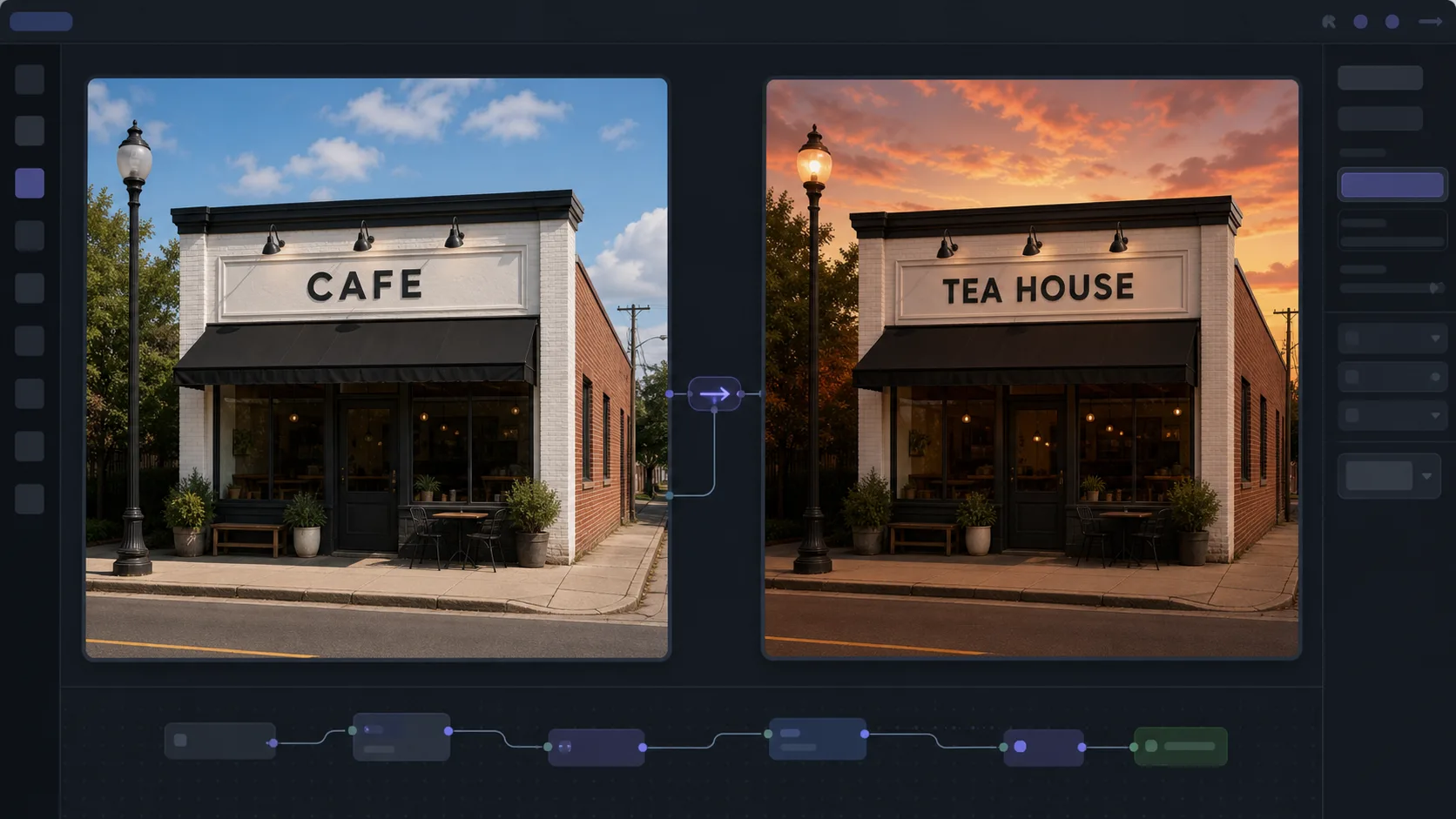 Illustrative sample of Qwen-Image instruction-based editing on the Astorie canvas — a source photo with a background swapped and in-image text changed via a natural-language command