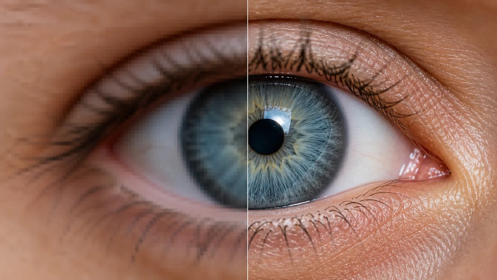 Side-by-side 100% detail crop of an eye and eyelashes: the left half soft and blocky from a 1024px source, the right half sharp and finely detailed after a 4K AI upscale, split down the middle