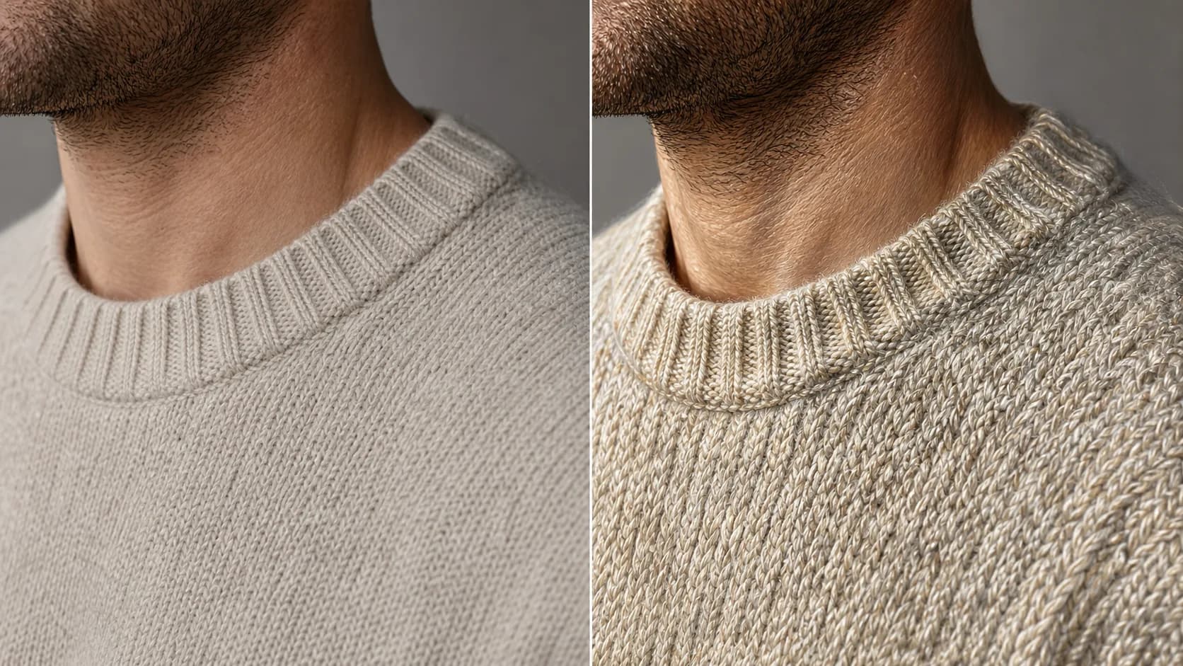 Two upscaled crops of the same source side by side: the Topaz result on the left with faithful, photographic skin and fabric, and the Magnific result on the right with richer invented texture and embellished detail