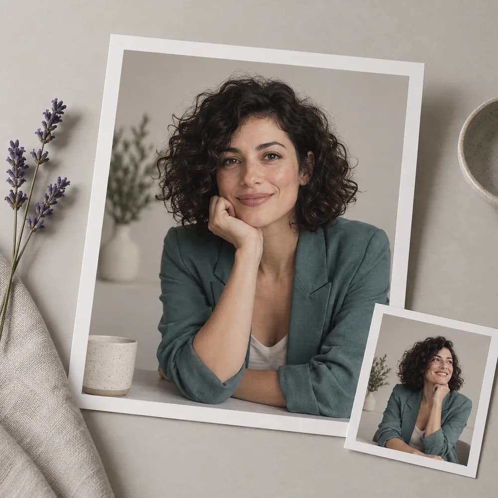Concept illustration: prominent white-bordered print depicting a fictional adult woman presenter with a dark curly bob and teal jacket, a tiny matching source print tucked in one corner, square composition, concrete task example