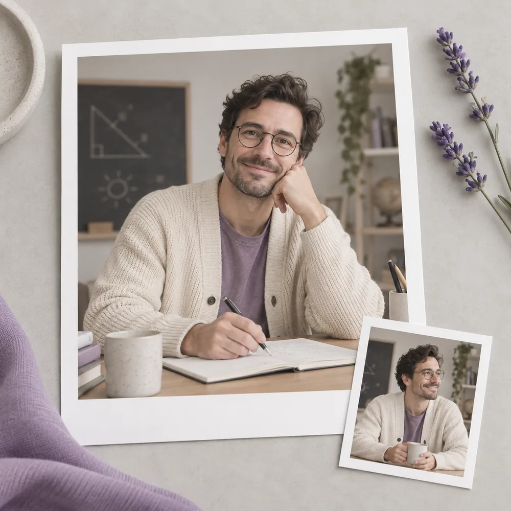 Concept illustration: prominent white-bordered print depicting a fictional adult man teacher with round glasses and a cream cardigan, a tiny matching source print tucked in one corner, square composition, concrete task example