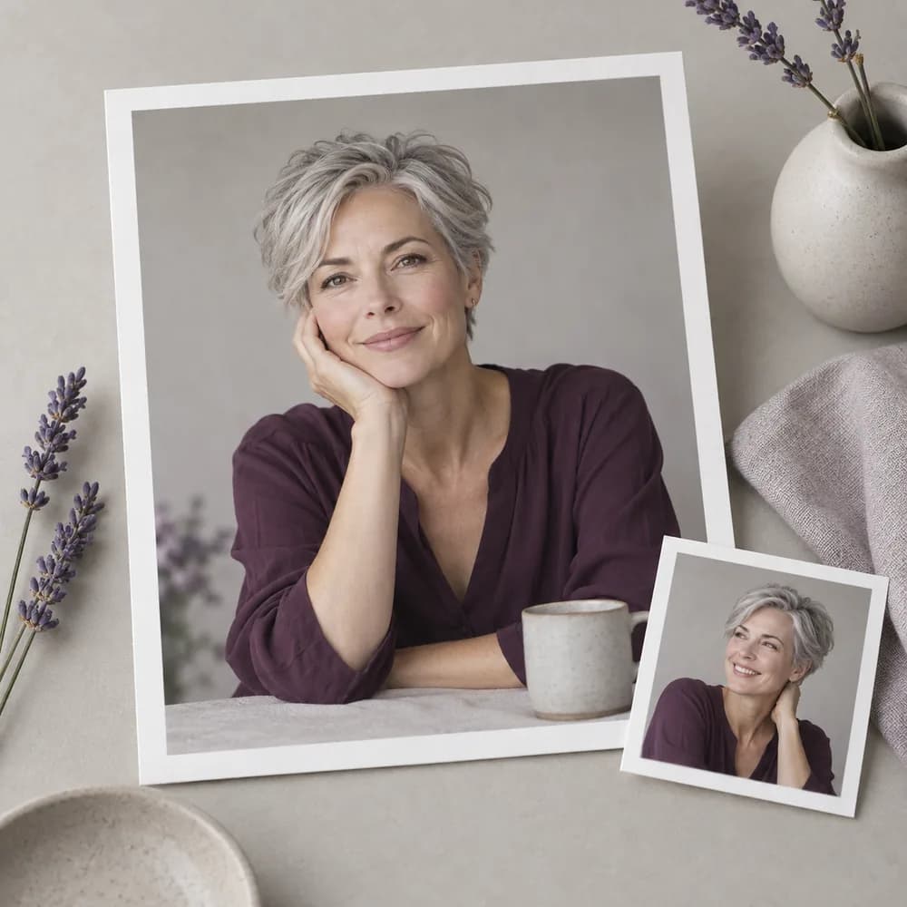 Concept illustration: prominent white-bordered print depicting a fictional adult woman host with silver short hair and plum blouse, a tiny matching source print tucked in one corner, square composition, concrete task example