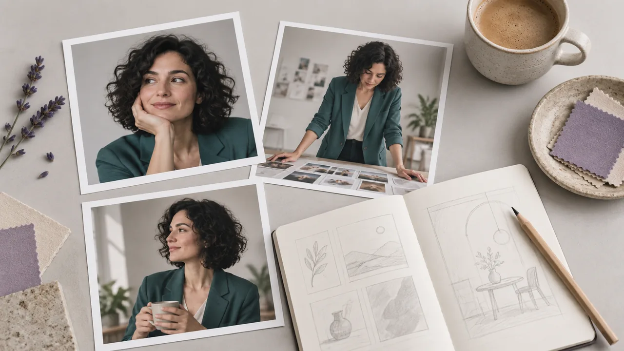 Concept illustration: An editorial still life for use case 1: prints depicting a fictional adult woman presenter with a dark curly bob and teal jacket, paired with a plain pencil and unmarked sketchbook