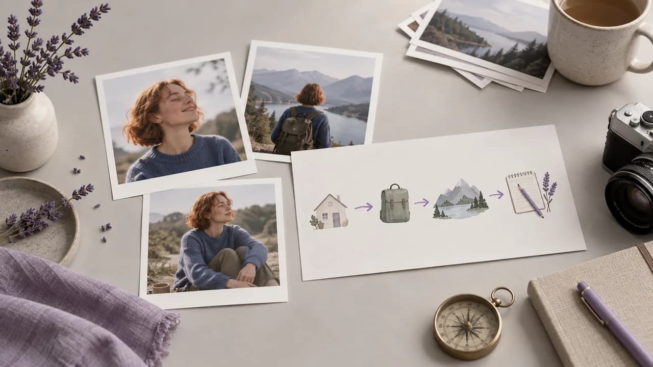 Concept illustration: An editorial still life for use case 4: prints depicting a stylized original person with short copper hair and blue jumper, paired with a simple unmarked story card