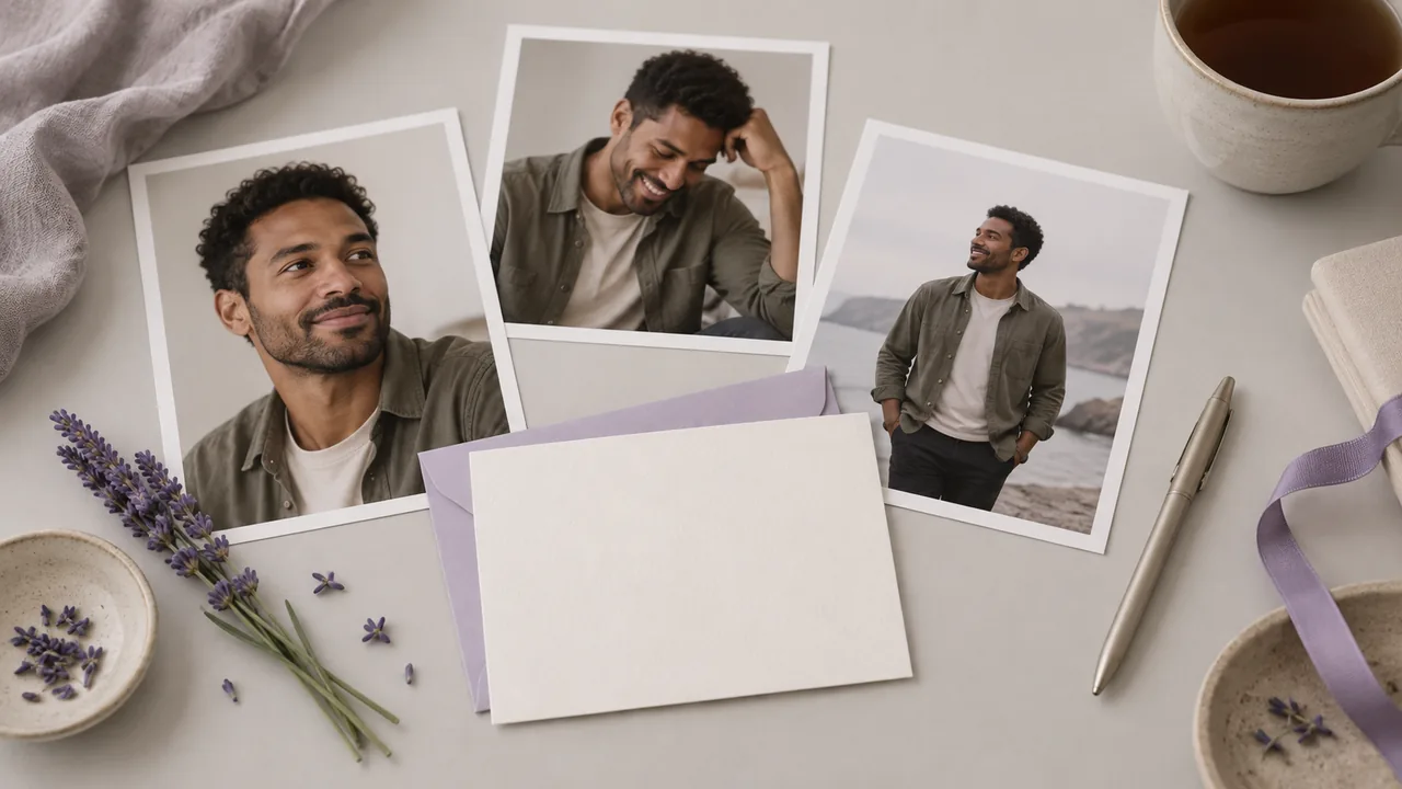 Concept illustration: An editorial still life for use case 5: prints depicting a fictional adult man with warm brown skin and olive overshirt, paired with a blank invitation card