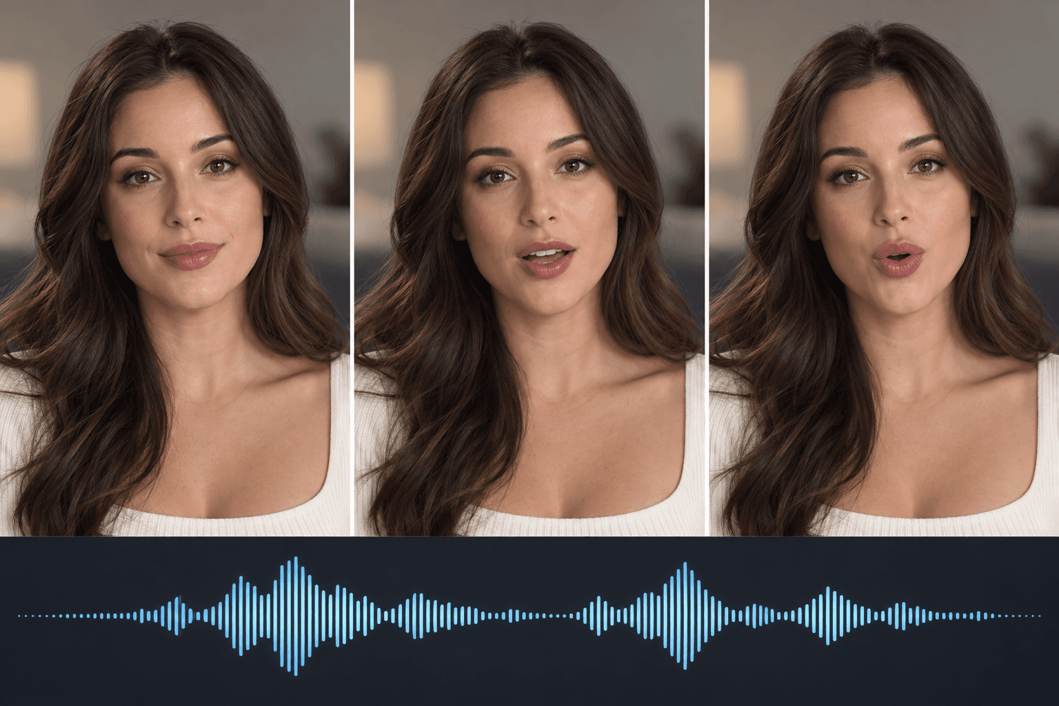 Illustrative presenter frames and speech waveform, not a tested lip-sync video result