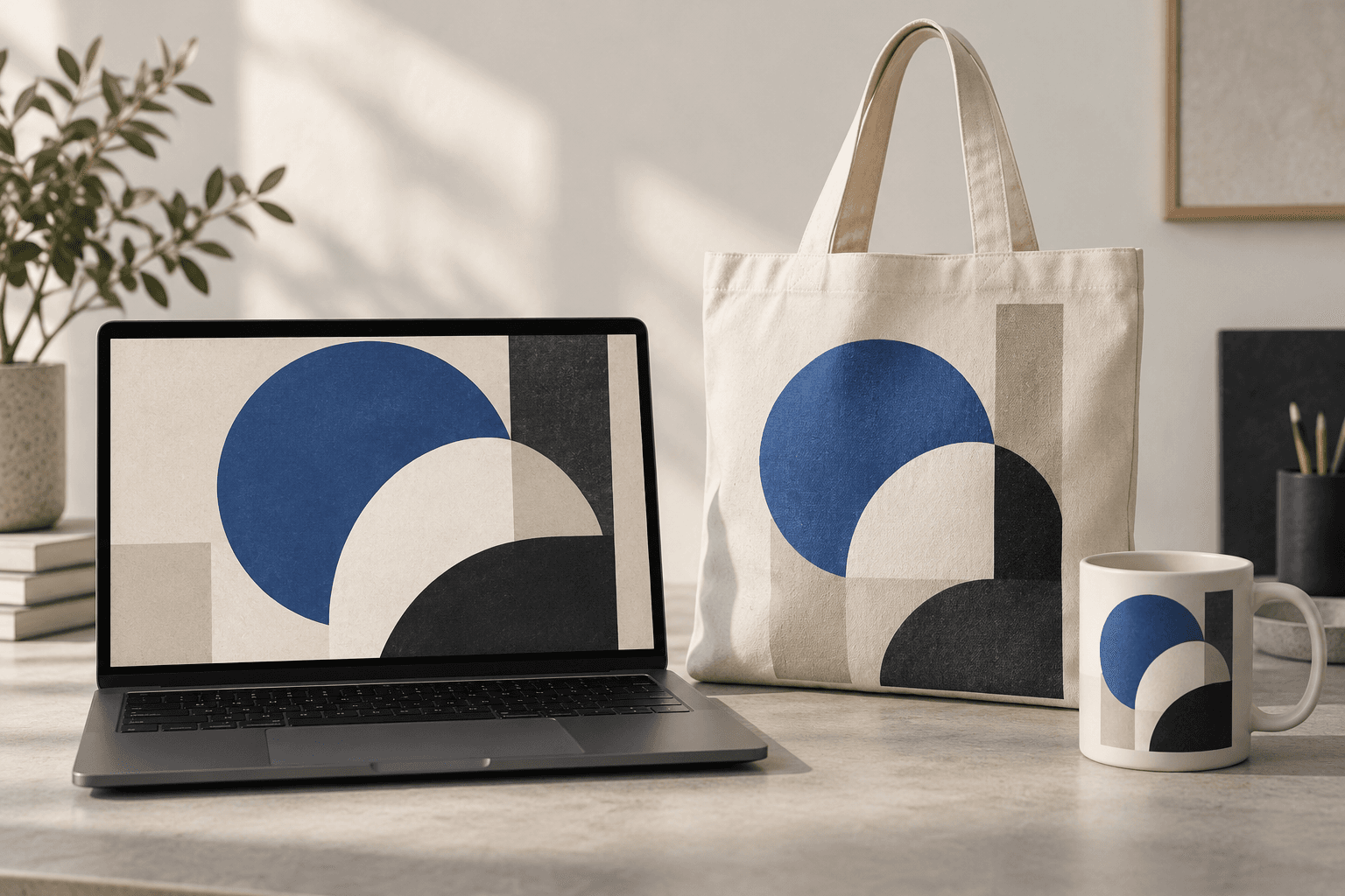 Illustrative mockup concept showing one abstract design on a laptop, tote bag and mug; not an Astorie-generated result