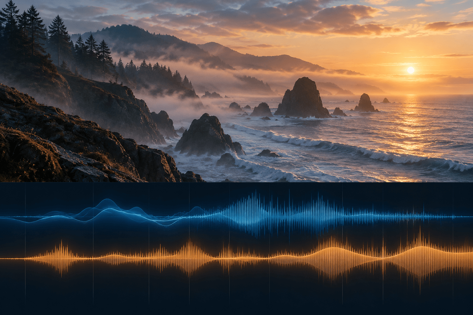 Illustrative video scene with music waveform, not an audible or tested music result