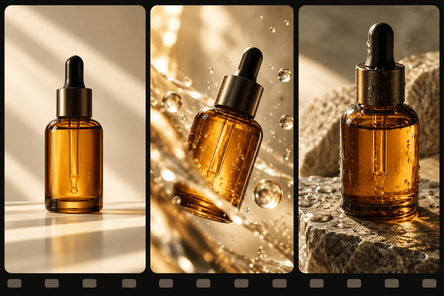 Illustrative three-frame product video storyboard of an unbranded serum bottle; not generated video